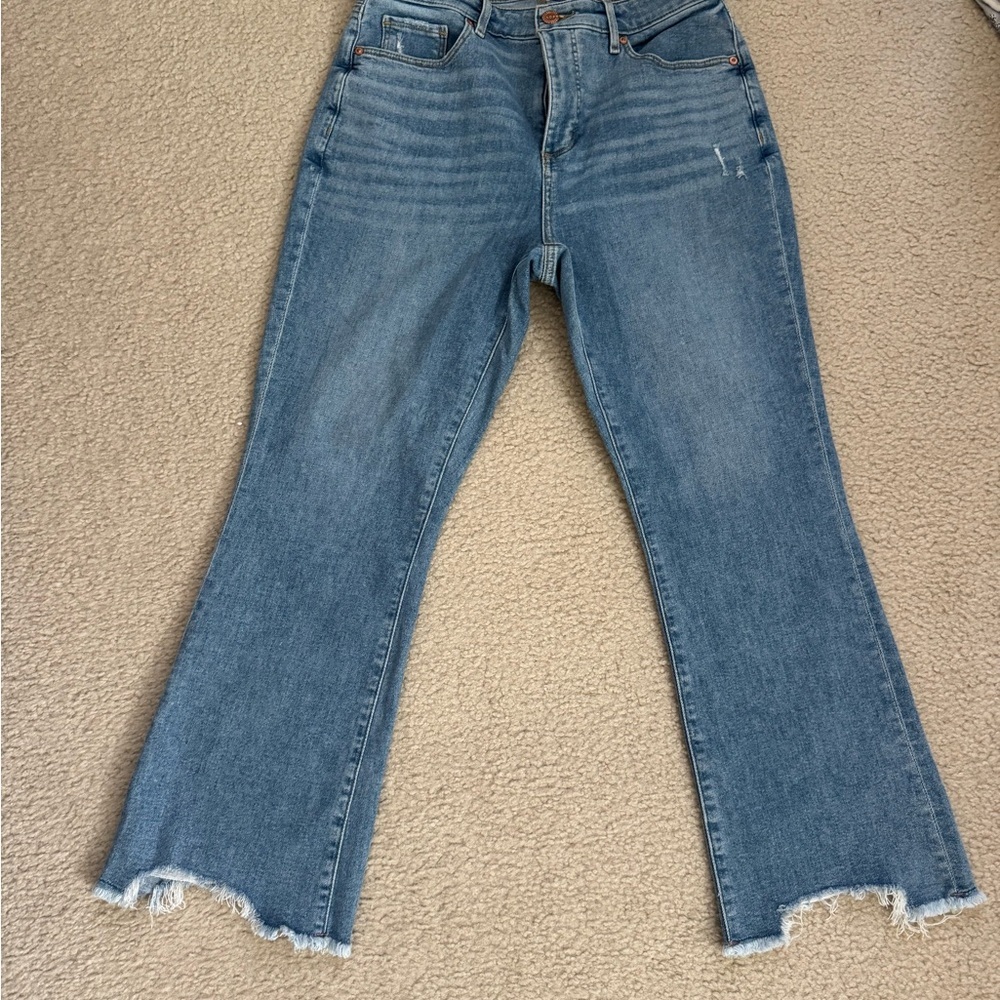 LOFT Medium Wash Blue Flare Jeans with Raw Hem - Picture 1 of 8